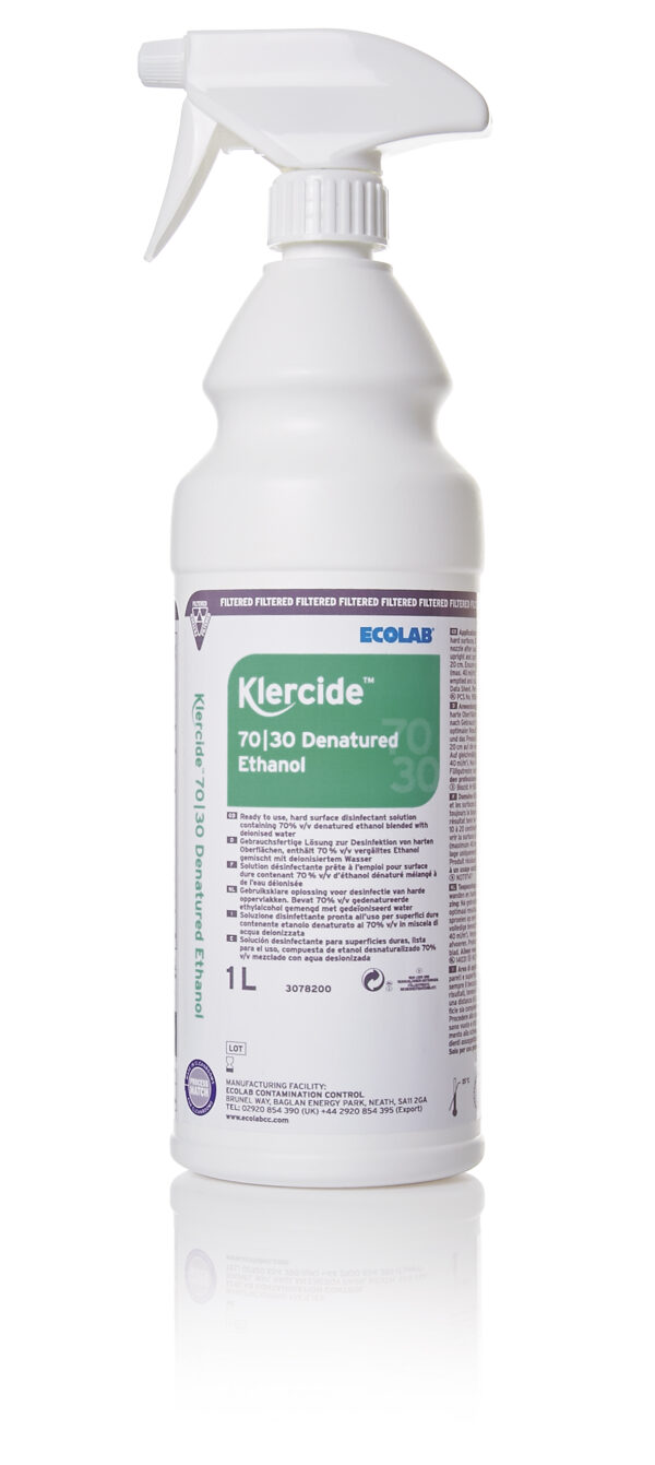 Klercide 70|30 Denatured Ethanol Blended with WFI. 70% v/v sterile denatured ethanol blended with 30% v/v Water for Injection (WFI) in spray format 1L - Image 3